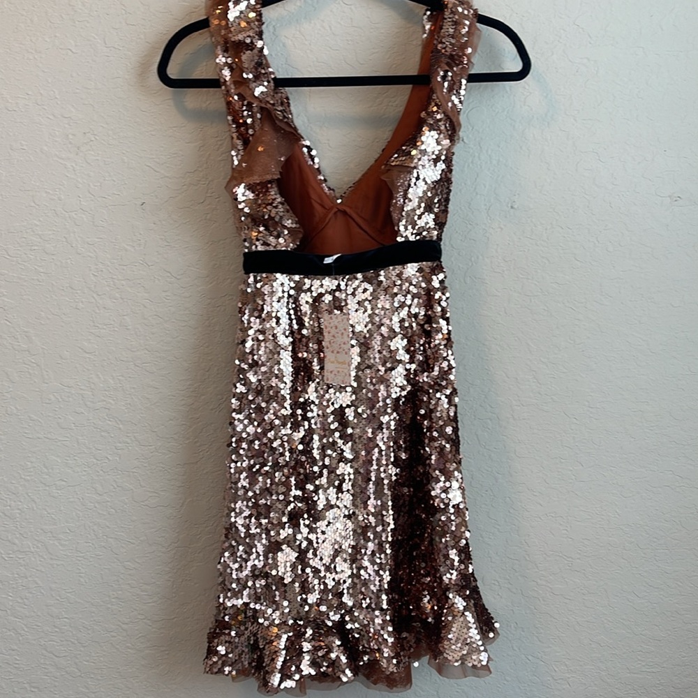 NWT Free People Tribeca Sequin Ruffle Brown Dress Velvet Bow Size 0 - Picture 8 of 11